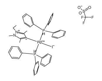 trans-(1-ethyl-2,3,5-trimethylpyrazolin-4-ylidene)iodobis(triphenylphosphine)palladium(II) triflate结构式