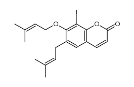 6-(3',3'-dimethylallyl)-7-(3'',3''-dimethylallyloxy)-8-iodocoumarin Structure