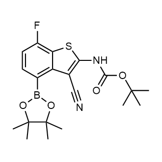 叔丁基(3-氰基-7-氟-4-(4,4,5,5-四甲基-1,3,2-二氧苯并呋喃-2-基)苯并[b]噻吩-2-甲基)氨基甲酸酯结构式