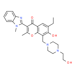 6-ethyl-7-hydroxy-8-((4-(2-hydroxyethyl)piperazin-1-yl)methyl)-2-methyl-3-(1-methyl-1H-benzo[d]imidazol-2-yl)-4H-chromen-4-one结构式