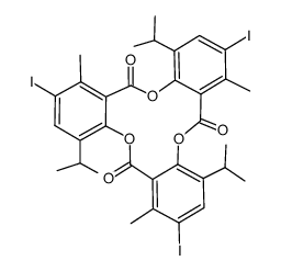 2,8,14-triiodo-4,10,16-triisopropyl-1,7,13-trimethyl-6H,12H,18H-tribenzo[b,f,j][1,5,9]trioxacyclododecine-6,12,18-trione Structure
