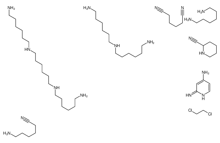 己二腈与6-氨基己二腈、N-(6-氨基己基)-1,6-己二胺、N,N’-二(6-氨基己基)-1,6-己二胺、1,2-二氯乙烷、1,6-己二胺、2-哌啶腈和2,4-吡啶二胺的聚合物结构式