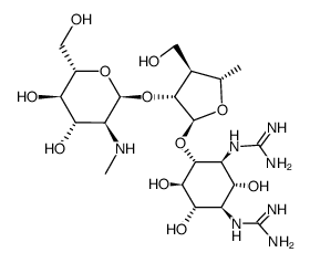 4-O-[2-O-[2-(Methylamino)-2-deoxy-α-L-glucopyranosyl]-3,5-dideoxy-3-hydroxymethyl-α-L-arabinofuranosyl]-N,N'-bis(aminoiminomethyl)-D-streptamine structure