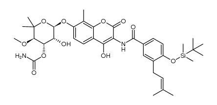 (3R,4S,5R,6R)-6-((3-(4-((tert-butyldimethylsilyl)oxy)-3-(3-methylbut-2-en-1-yl)benzamido)-4-hydroxy-8-methyl-2-oxo-2H-chromen-7-yl)oxy)-5-hydroxy-3-methoxy-2,2-dimethyltetrahydro-2H-pyran-4-yl carbamate结构式