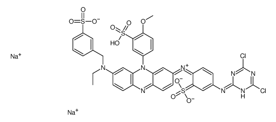 disodium,5-[(4,6-dichloro-1,3,5-triazin-2-yl)amino]-2-[[8-[ethyl-[(3-sulfonatophenyl)methyl]amino]-10-(4-methoxy-3-sulfonatophenyl)phenazin-10-ium-2-yl]amino]benzenesulfonate Structure