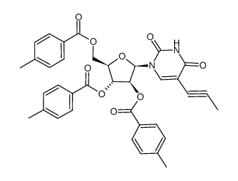 (2R,3S,4R,5R)-2-(2,4-dioxo-5-(prop-1-yn-1-yl)-3,4-dihydropyrimidin-1(2H)-yl)-5-(((4-methylbenzoyl)oxy)methyl)tetrahydrofuran-3,4-diyl bis(4-methylbenzoate)结构式