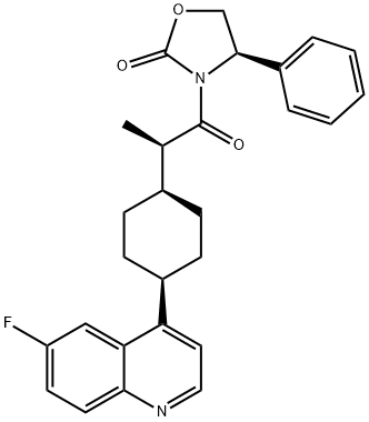 (R)-3-[(R)-2-[顺式-4-(6-氟-4-喹啉基)环己基]丙酰基]-4-苯基-2-噁唑烷酮结构式