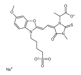 sodium alpha-methyl 5-[[6-methoxy-3-(4-sulphonato-2-butyl)benzoxazol-2(3H)-ylidene]ethylidene]-3-methyl-4-oxo-2-thioxoimidazolidin-1-ylacetate Structure