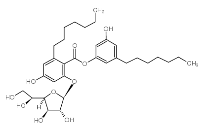 (3-heptyl-5-hydroxyphenyl) 2-[(2S,3R,4R)-5-[(1R)-1,2-dihydroxyethyl]-3,4-dihydroxyoxolan-2-yl]oxy-6-heptyl-4-hydroxybenzoate Structure