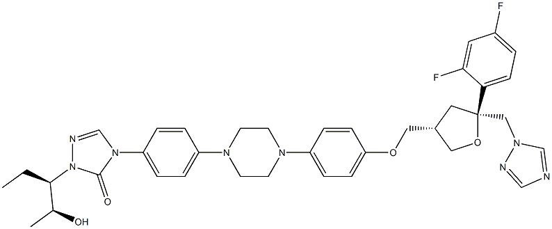 4-[4-[4-[4-[[(3S,5S)-5-(2,4-二氟苯基)四氢-5-(1H-1,2,4-三唑-1-基甲基)-3-呋喃基]甲氧基]苯基]-1-哌嗪基]苯基]-2-[(1R,2S)-1-乙基-2-羟丙基]-2,4-二氢-3H-1,2,4-三唑-3-酮结构式