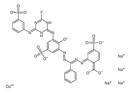 tetrasodium [2-[[alpha-[[3-[[4-fluoro-6-(3-sulphoanilino)-1,3,5-triazin-2-yl]amino]-2-hydroxy-5-sulphophenyl]azo]benzyl]azo]-4-sulphobenzoato(6-)]cuprate(4-) Structure