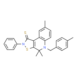4,4,8-trimethyl-5-(4-methylbenzyl)-2-phenyl-4,5-dihydroisothiazolo[5,4-c]quinoline-1(2H)-thione结构式