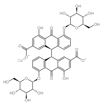 (R*,R*)-5,5'-bis(beta-D-glucopyranosyloxy)-9,9',10,10'-tetrahydro-4,4'-dihydroxy-10,10'-dioxo[9,9'-bianthracene]-2,2'-dicarboxylic acid, calcium salt Structure
