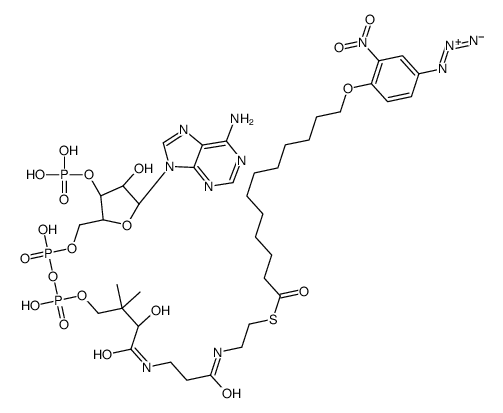 S-[2-[3-[[(2R)-4-[[[(2R,3S,4R,5R)-5-(6-aminopurin-9-yl)-4-hydroxy-3-phosphonooxyoxolan-2-yl]methoxy-hydroxyphosphoryl]oxy-hydroxyphosphoryl]oxy-2-hydroxy-3,3-dimethylbutanoyl]amino]propanoylamino]ethyl] 12-(4-azido-2-nitrophenoxy)dodecanethioate结构式