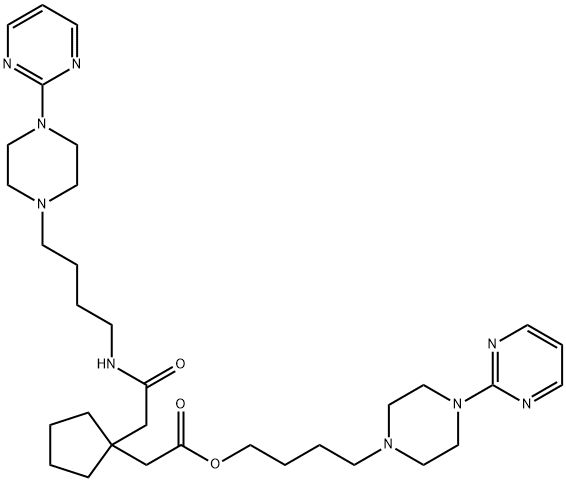 Cyclopentaneacetic acid, 1-[2-oxo-2-[[4-[4-(2-pyrimidinyl)-1-piperazinyl]butyl]amino]ethyl]-, 4-[4-(2-pyrimidinyl)-1-piperazinyl]butyl ester Structure