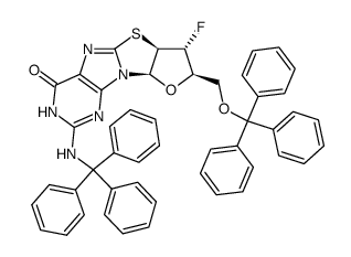 N2,5'-O-ditrityl-8,2'-anhydro-3'-deoxy-3'-fluoro-8-mercapto-9-β-arabinofuranosylguanine结构式