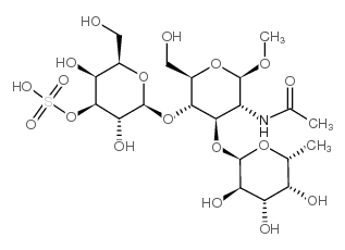 甲基 O-6-脱氧-α-L-吡喃半乳糖基-(1→3)-O-[3-O-磺基-β-D-吡喃半乳糖基-(1→4)]-2-(乙酰氨基)-2-脱氧-β-D-吡喃葡萄糖苷结构式