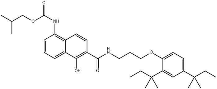 2-methylpropyl [6-({3-[2,4-bis(1,1-dimethylpropyl)phenoxy]propyl}carbamoyl)-5-hydroxynaphthalen-1-yl]carbamate Structure