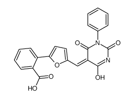2-[5-[(E)-(2,4,6-trioxo-1-phenyl-1,3-diazinan-5-ylidene)methyl]furan-2-yl]benzoic acid Structure
