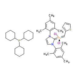 三环己基膦[1,3-双(2,4,6-三甲基苯基)咪唑-2-亚烷基] [2-噻吩基亚甲基]二氯化钌(II) [catMETium® RF 2]结构式