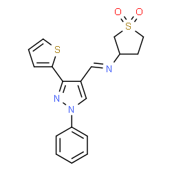(E)-3-(((1-phenyl-3-(thiophen-2-yl)-1H-pyrazol-4-yl)methylene)amino)tetrahydrothiophene 1,1-dioxide结构式