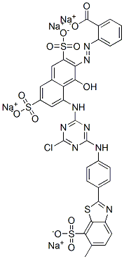 tetrasodium 2-[[8-[[4-chloro-6-[[4-(6-methyl-7-sulphonatobenzothiazol-2-yl)phenyl]amino]-1,3,5-triazin-2-yl]amino]-1-hydroxy-3,6-disulphonato-2-naphthyl]azo]benzoate structure