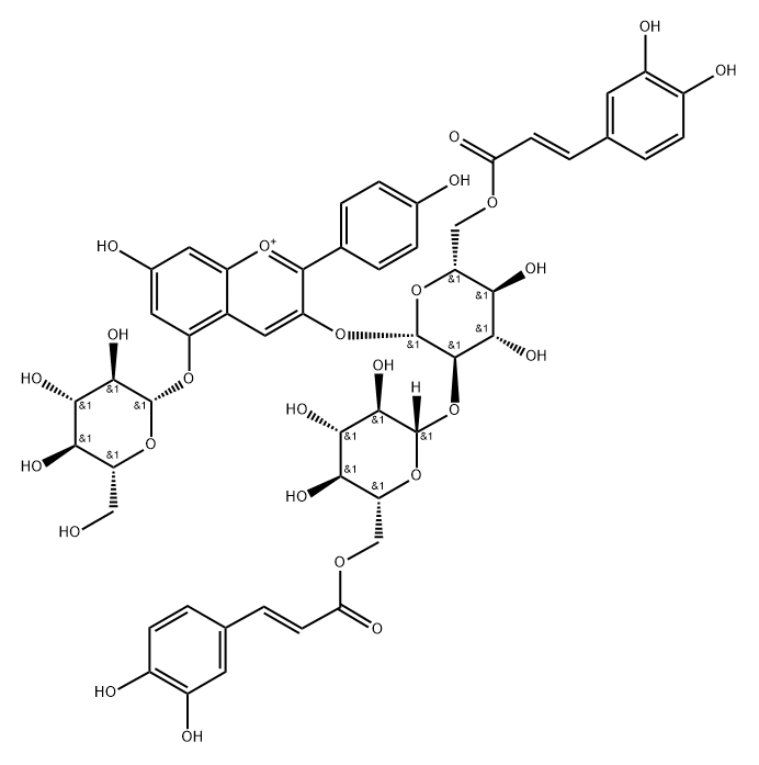 Pelargonidin 3-O-[6-O-(E)-Caffeoyl-2-O-{6-O-(E)-Caffeoyl-β-D-glucoside}-β-D-glucoside]-5-glucoside Structure