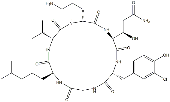Cyclo[Gly-6,6-dimethyl-L-Nle-D-Val-D-Orn-[(3R)-3-hydroxy-L-Gln-]-5-chloro-D-Tyr-] Structure