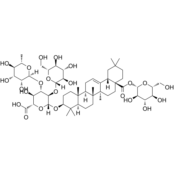 3-O-β-D-Glucopyranosyl(1→2)-[a-Lrhamnopyranosyl(1→3)]-β-D-glucopyranosyl 28-O-β-D-glucuronopyranoside结构式