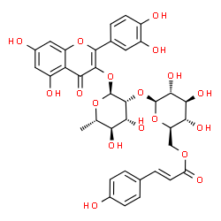 槲皮素-3-鼠李糖-(6''-对羟基反式桂皮酰)葡萄糖甙结构式