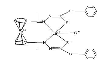 La(III)(dibenzyl 1,1'-diacetylferrocenebis(hydrazonatocarbodithioate))chloro complex结构式