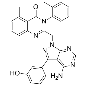 2-[[4-氨基-3-(3-羟基苯基)-1H-吡唑并[3,4-D]嘧啶-1-基]甲基]-5-甲基-3-(2-甲基苯基)-4(3H)-喹唑啉酮结构式