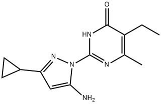 2-(5-氨基-3-环丙基-1H-吡唑-1-基)-5-乙基-6-甲基嘧啶-4(3H)-酮结构式