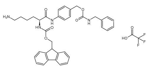 (9H-fluoren-9-yl)methyl (S)-(6-amino-1-((4-(((benzylcarbamoyl)oxy)methyl)phenyl)amino)-1-oxohexan-2-yl)carbamate 2,2,2-trifluoroacetate Structure