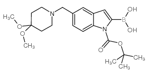 2-硼-5-[(4,4-二甲氧基-1-哌啶基)甲基]-1H-吲哚-1-羧酸-1-(1,1-二甲基乙酯)结构式