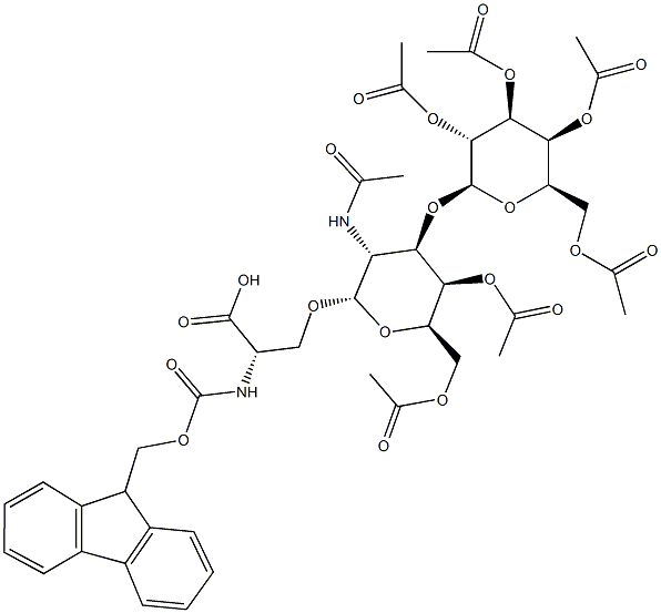 O-[4,6-二-O-乙酰基-2-(乙酰氨基)-2-脱氧-3-O-(2,3,4,6-四-O-乙酰基-BETA-D-吡喃半乳糖基)-ALPHA-D-吡喃半乳糖基]-N-[芴甲氧羰基]-L-丝氨酸结构式