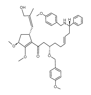 (3S,9S,E)-1-((3S,5R)-5-((Z)-3-hydroxy-2-methylprop-1-en-1-yl)-2,3-dimethoxycyclopent-1-en-1-yl)-9-((4-methoxybenzyl)amino)-3-((4-methoxybenzyl)oxy)-9-phenylnon-6-en-1-one结构式