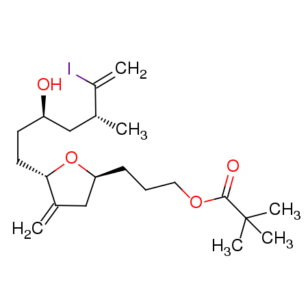 3-((2S,5S)-5-((3R,5R)-3-hydroxy-6-iodo-5-methylhept-6-enyl)-4-methylenetetrahydrofuran-2-yl)propyl pivalate Structure