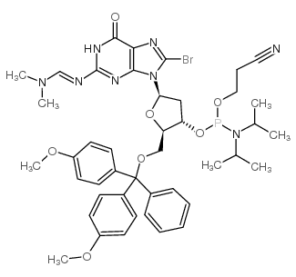8-bromo-5'-o-(4,4'-dimethoxytrityl)-n2-dimethylaminomethylene-2'-deoxyguanosine, 3'-[(2-cyanoethyl)-(n,n-diisopropyl)]phosphoramidite结构式