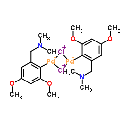 二-μ-氯代双[2-[(二甲基氨基)甲基]-4,6-二甲氧基苯基-C,N]二钯(II)结构式