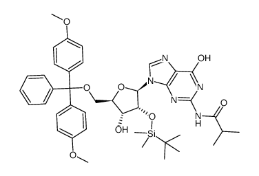 5'-O-[双(4-甲氧基苯基)苯基甲基]-2'-O-[(叔丁基)二甲基硅基]-N-(2-甲基-1-氧代丙基)鸟苷结构式