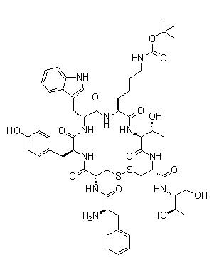 D-苯丙氨酰-L-半胱氨酰-L-酪氨酰-D-色氨酰-N6-[(1,1-二甲基乙氧基)羰基]-L-赖氨酰-L-苏氨酰-N-[(1R,2R)-2-羟基-1-(羟基甲基)丙基]-L-半胱氨酰胺环(2→7)-二硫醚结构式