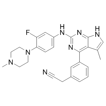 3-[2-[[3-氟-4-(4-甲基-1-哌嗪基)苯基]氨基]-5-甲基-7H-吡咯并[2,3-D]嘧啶-4-基]苯乙腈结构式