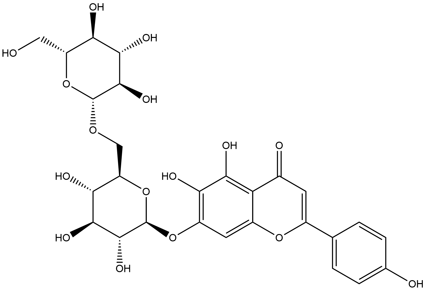 4H-1-Benzopyran-4-one, 7-[(6-O-β-D-glucopyranosyl-β-D-glucopyranosyl)oxy]-5,6-dihydroxy-2-(4-hydroxyphenyl)- Structure