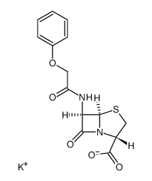 (5R)-7-oxo-6t-(2-phenoxy-acetylamino)-(5rH)-4-thia-1-aza-bicyclo[3.2.0]heptane-2c-carboxylic acid, potassium salt Structure