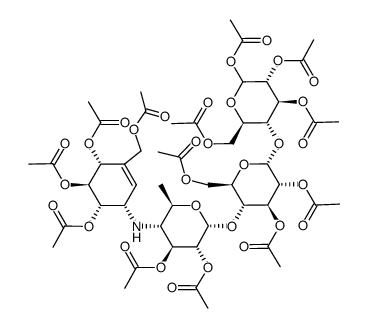 1,2,3,6,2',3',6',2'',3''-nona-O-acetyl-4'',6''-dideoxy-4''-[(1S)-(1,4,6/5)-4,5,6-triacetoxy-3-acetoxymethyl-2-cyclohexenylamino]-α-maltotriose Structure
