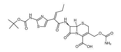 7β-((Z)-2-(2-tert-butoxycarbonylaminothiazol-4-yl)-2-pentenoylamino)-3-carbamoyloxymethyl-3-cephem-4-carboxylic acid结构式