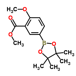 2-甲氧基-5-(4,4,5,5-四甲基-1,3,2-二氧硼杂环戊烷-2-基)苯甲酸甲酯结构式