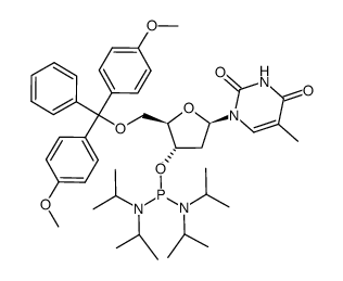 5'-O-(4,4'-dimethoxytrityl)-3'-O-bis(N,N-diisopropylamino)phosphinyl-2'-deoxythymidine Structure