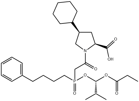 (2S,4R)-4-Cyclohexyl-1-[[(R)-[(1S)-2-methyl-1-(1-oxopropoxy)propoxy](4-phenylbutyl)phosphoryl]acetyl]pyrrolidine-2-carboxylic acid Structure